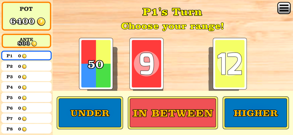 In Between: Numbers Card Game - In Between card game interface showing betting options and number range cards