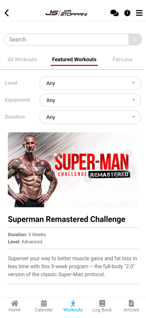 JIM Stoppani - La pantalla de entrenamientos de la aplicación JIM Stoppani presenta el programa de entrenamiento avanzado Superman Remastered Challenge.