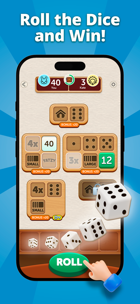 Dice Rollers mobile game screen showing a PvP dice match with rolling dice and strategic score boards