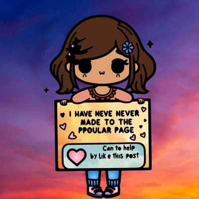 girl holding up a sign that says i have never made it to the popular page can you help by liking this post? with a heart