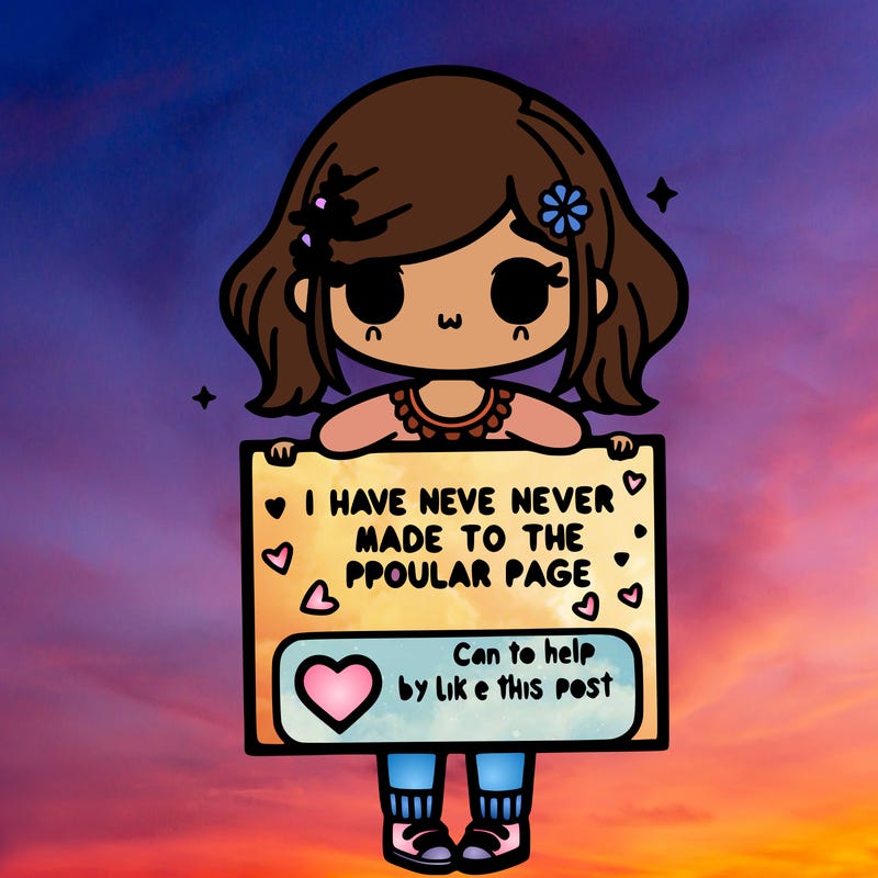 girl holding up a sign that says i have never made it to the popular page can you help by liking this post? with a heart