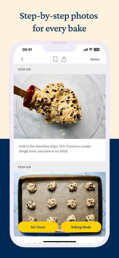 Mobile interface of the Kneady app displaying step-by-step photos and instructions for a chocolate chip cookie recipe including timer and baking mode features