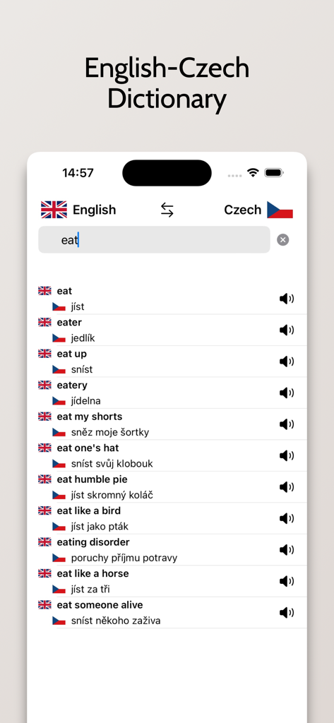 Résultats de recherche de traduction anglais vers tchèque pour le mot 'manger' dans l'application de dictionnaire