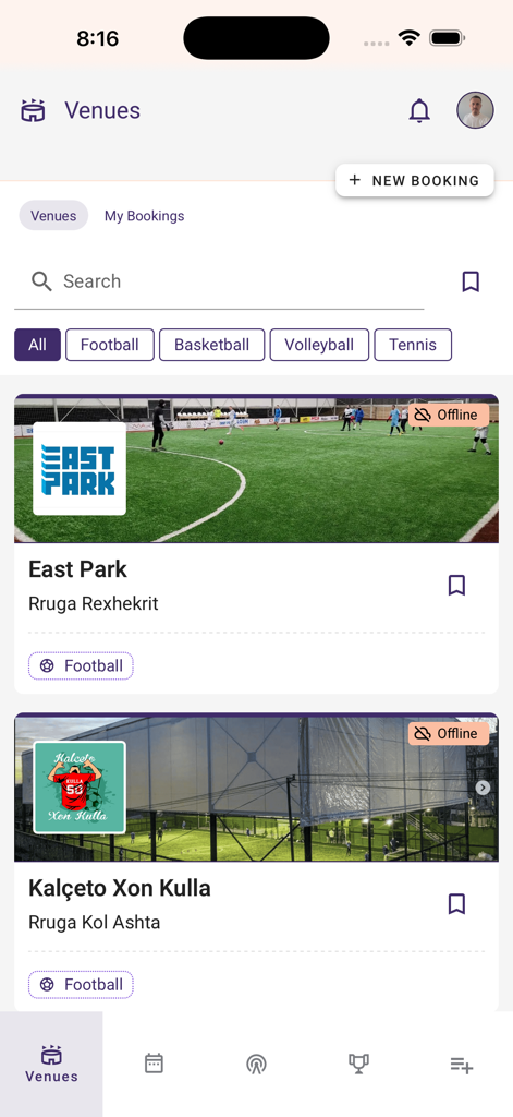 Squadin - Squadin app screen showing sports venue search and booking options for football and basketball
