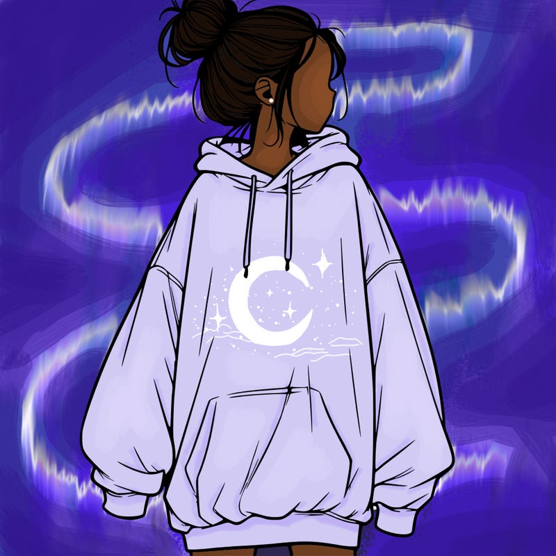 realistic girl with a oversized sweatshirt on and a bun