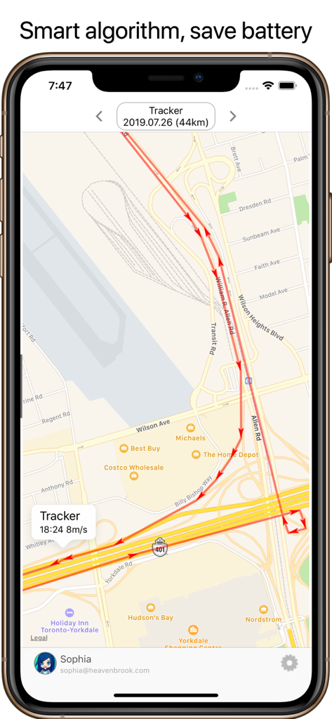 GPS Tracker+ - Interface de l'application GPS Tracker plus montrant un historique de parcours en ligne rouge sur une carte de ville avec un texte d'optimisation de la batterie