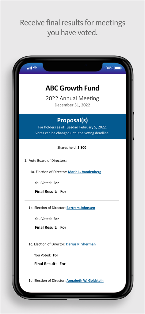 ProxyVote: Your Voice Matters - Screenshot of the ProxyVote app showing the final voting results for an ABC Growth Fund annual meeting