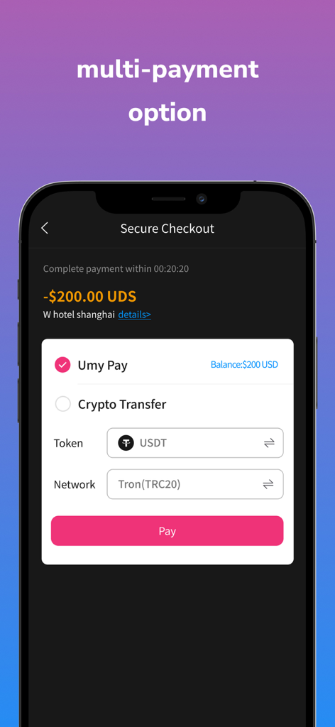 Tela de checkout segura no aplicativo de viagens Umy com opções de pagamento cripto como USDT.