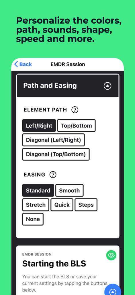 BLS by Easy EMDR - Interface of the Easy EMDR app showing path and easing customization settings for a bilateral stimulation session.