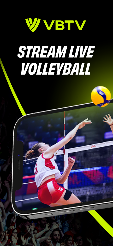 VBTV mobile app interface showing a live indoor volleyball match being streamed on a smartphone
