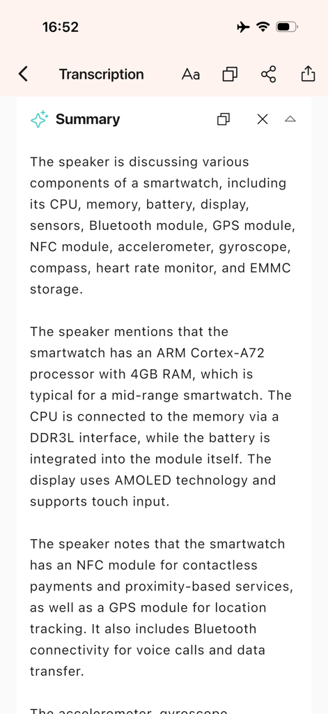 iTranscription - iTranscription アプリのスクリーンショット。スマートウォッチのハードウェアコンポーネントに関する技術的な議論の AI 生成要約が iPhone に表示されています。