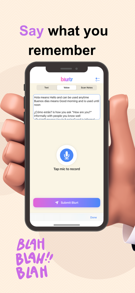 Blurtr: Study & Blurt - A hand holding a smartphone showing the Blurtr app voice recording interface for active recall study sessions.