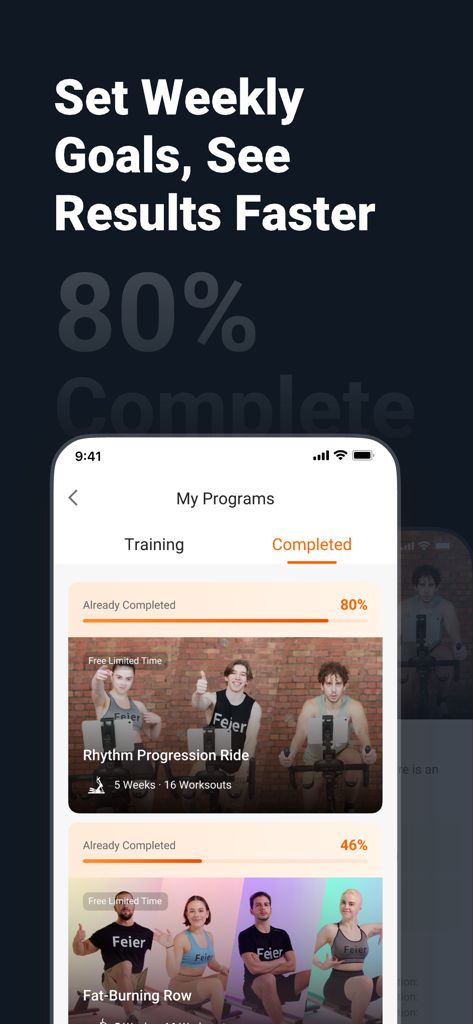 A smartphone display of the FED Fitness app showing workout program completion status and progress bars