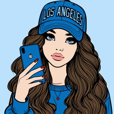 realistic beautiful girl wearing los ángeles cap holding an iphone