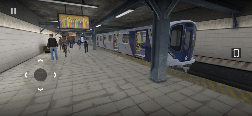 A 3D simulation showing a modern blue and white subway train at an underground station with passengers on the platform
