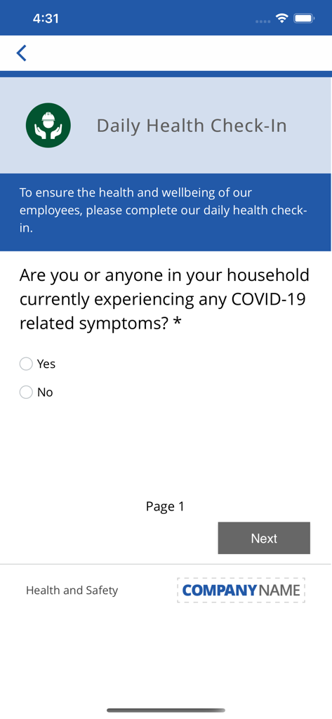 SnapComms mobile app screen showing a daily corporate health check-in survey for employees
