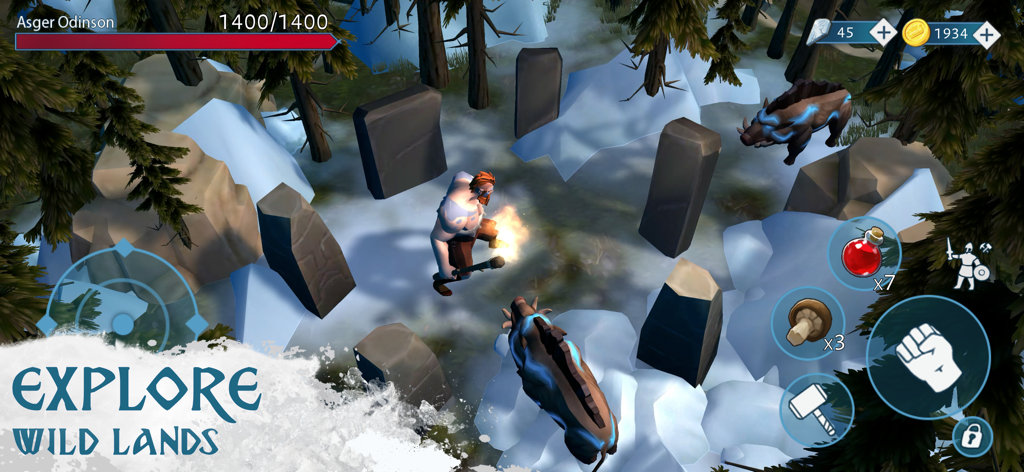 Vinland Tales: Viking Survival - Personaje vikingo explorando la naturaleza nevada con jabalíes brillantes en Vinland Tales.