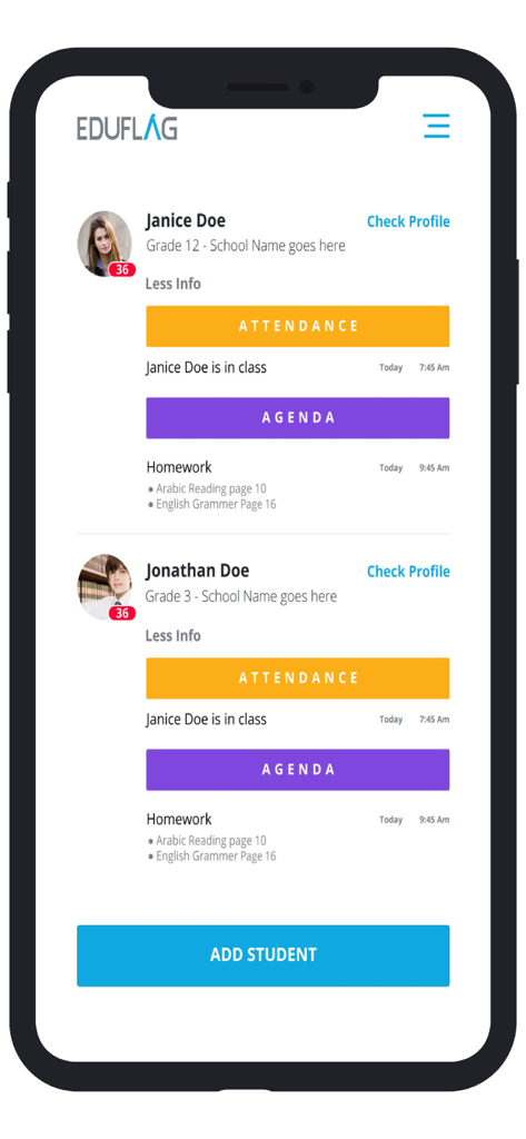 EduFlag V2 parent dashboard displaying attendance and homework for multiple students