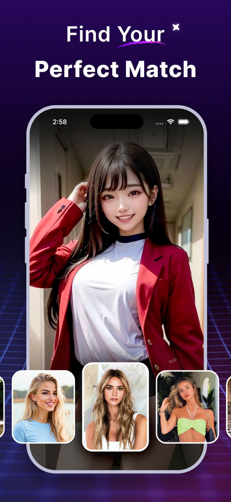 AI Girlfriend - Luvina - Interfaz de la aplicación Luvina AI Girlfriend que muestra diferentes compañeras virtuales para encontrar tu pareja perfecta