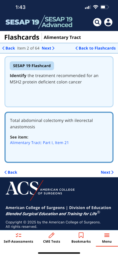 ACS SESAP 19 - A medical flashcard regarding colon cancer treatment shown on the ACS SESAP 19 surgical education app interface.