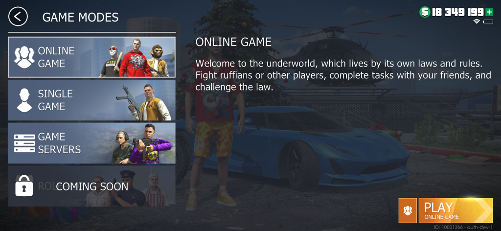 Grand Criminal Online: Heists - Menú principal de Grand Criminal Online mostrando modos de juego como Juego Online y Juego Individual con un coche deportivo de fondo