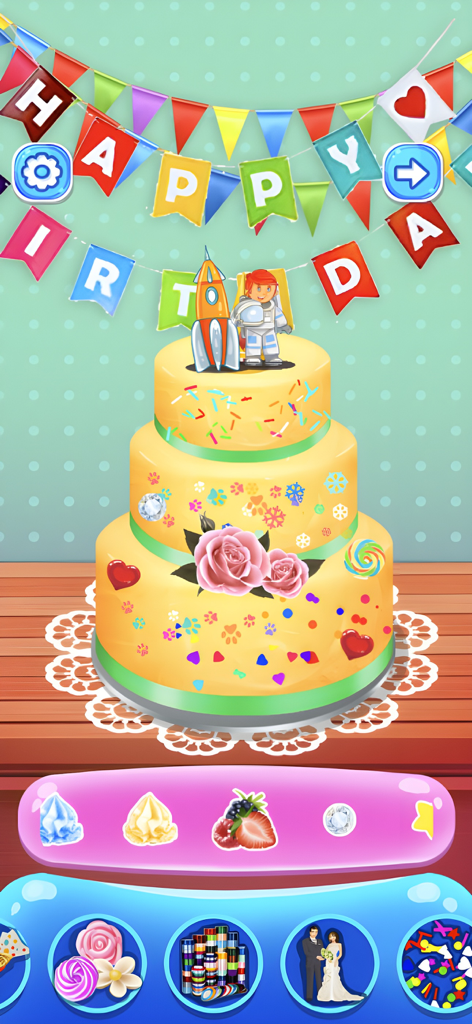 Cake Maker Game - A three tier yellow birthday cake with roses and an astronaut topper under a colorful happy birthday banner