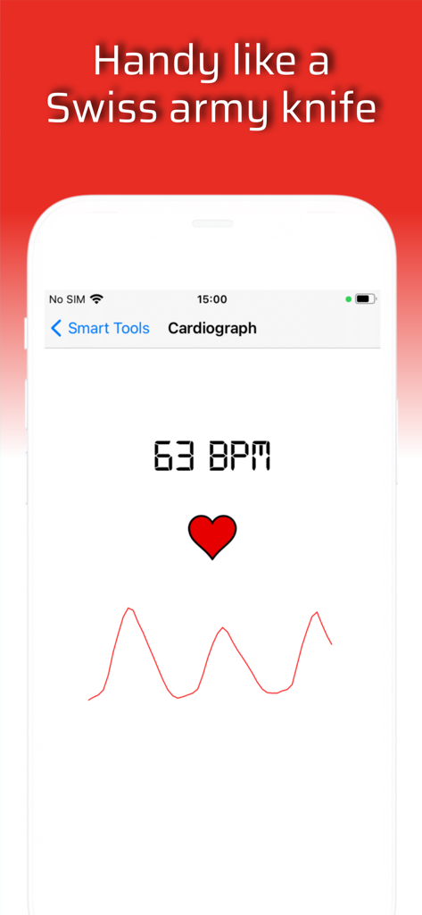 Smart Tools - All In One Box - Smart Tools app displaying cardiograph heart rate monitor with 63 BPM