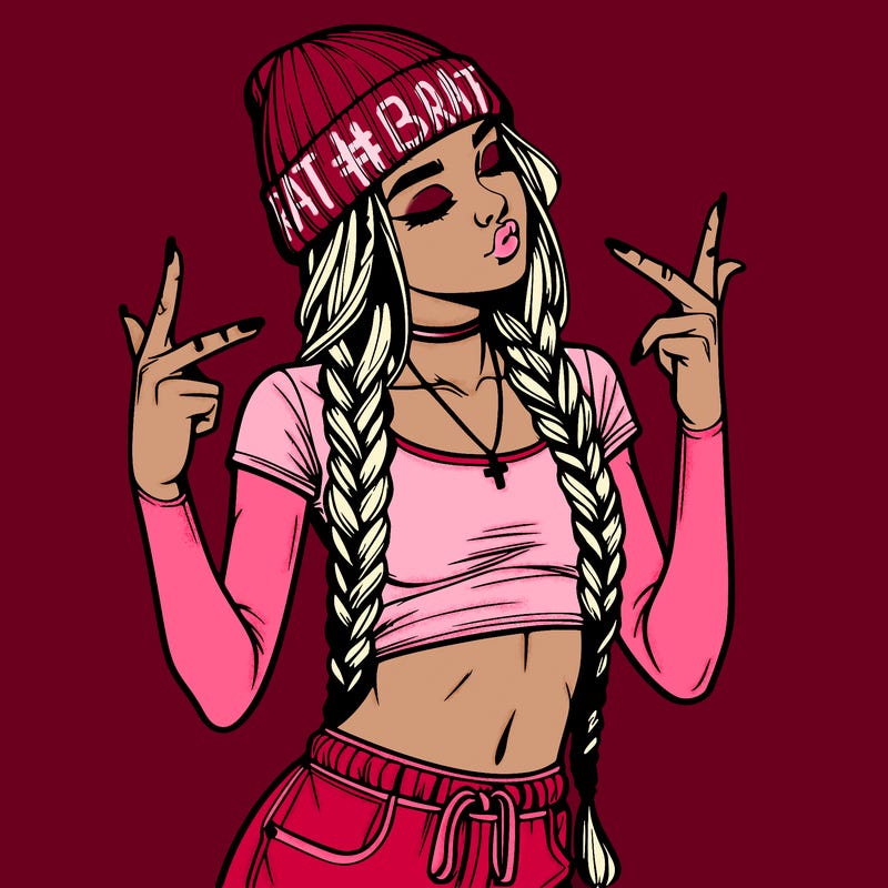 realistic teenage girl with braids and a beanie and crop top doing 🫶🏼