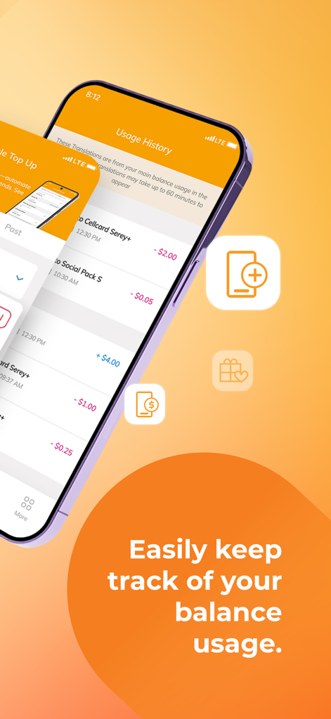 Cellcard app screen for tracking mobile balance and usage history