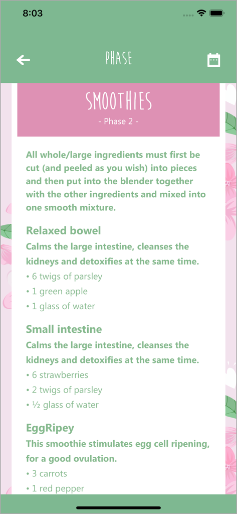My Pregnancy Wish - My Pregnancy Wish app screen displaying smoothie recipes for fertility and egg ripening