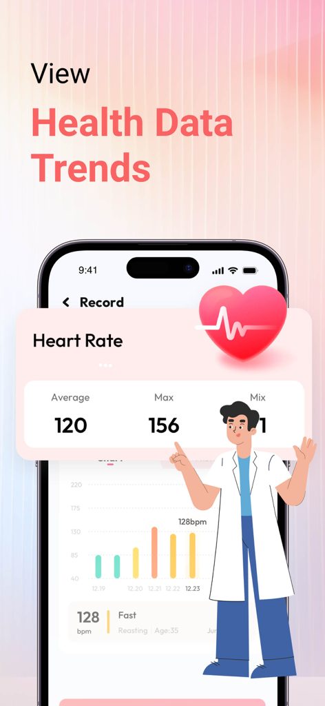 My Pulse app screen displaying heart rate data trends with average and maximum pulse readings