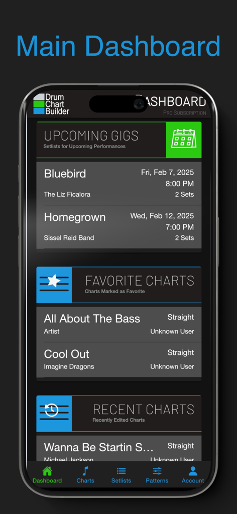 Drum Chart Builder - Panel principal de la aplicación Drum Chart Builder que muestra próximos conciertos y partituras de canciones