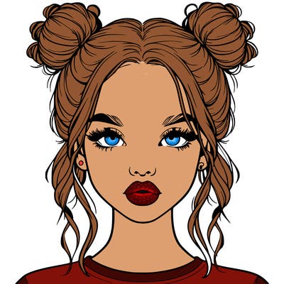 realistic girl with two buns in hair and lips