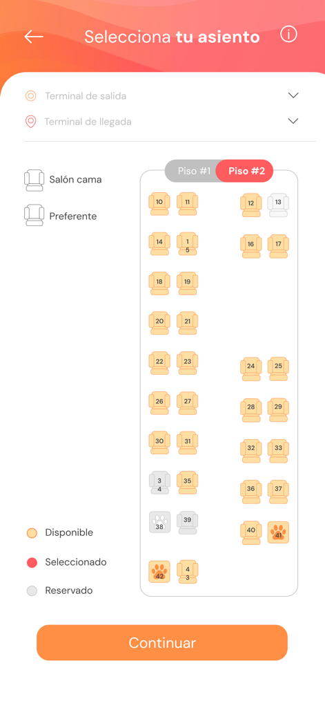 Interactive bus seat selection screen on the kupos mobile app showing a two story bus layout