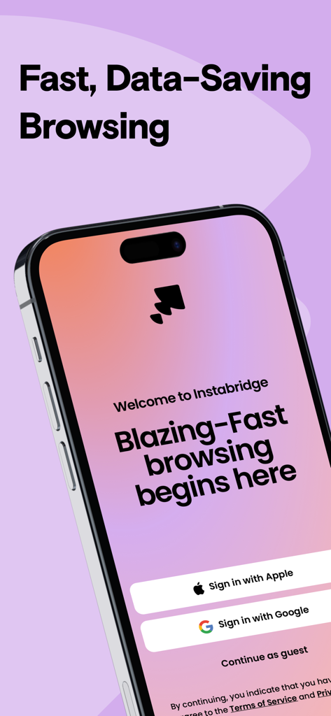 Instabridge Web Browser - Welcome screen of Instabridge Web Browser highlighting fast and data-saving browsing with sign-in options.