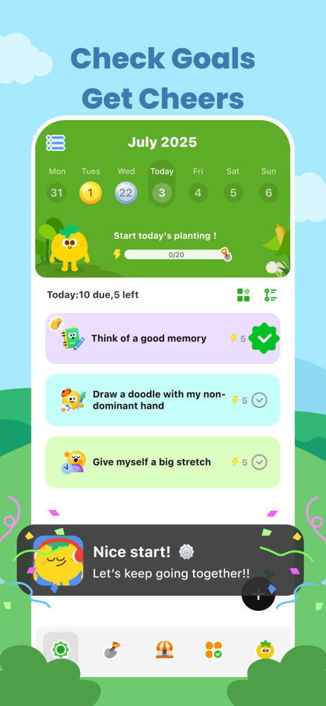 MeGrow: Grow Daily,Care Deeply - MeGrow app interface for tracking daily self care goals with a cute character and motivational rewards