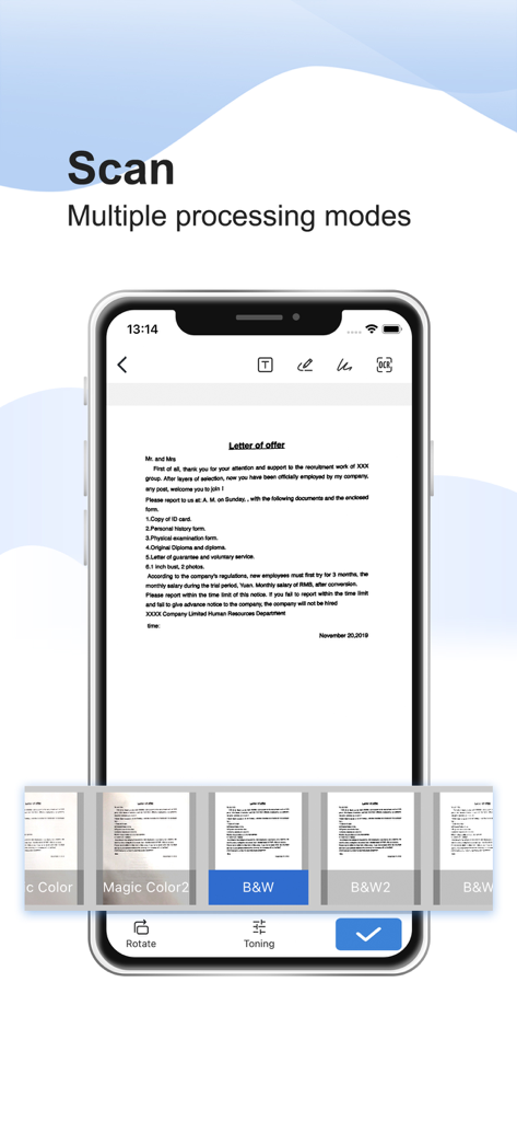 Un smartphone montrant l'interface de l'application Simple Scanner avec une lettre numérisée et plusieurs filtres de traitement d'image comme le noir et blanc