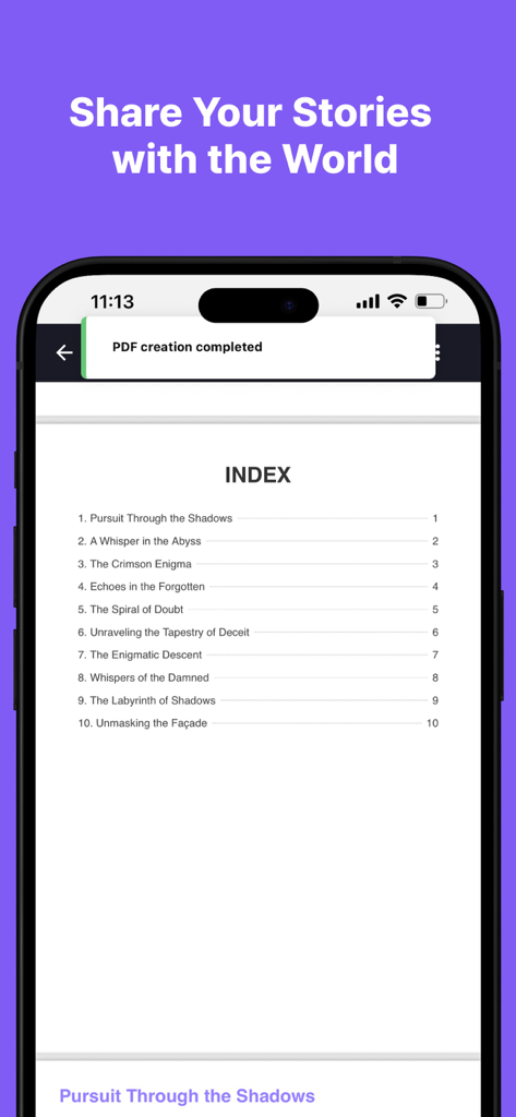A smartphone screen displaying a generated book index and a PDF creation completed notification.