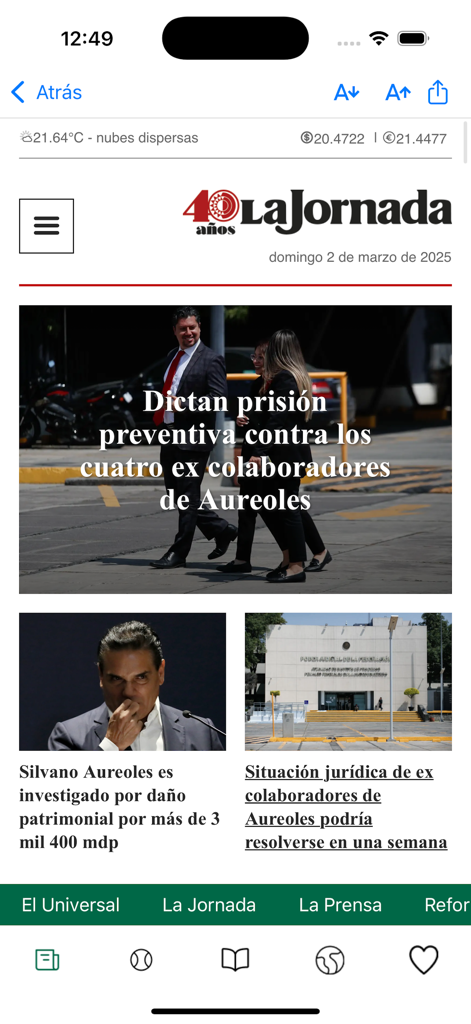 Diarios Mexicanos - Mexican news app interface displaying headlines from La Jornada newspaper.