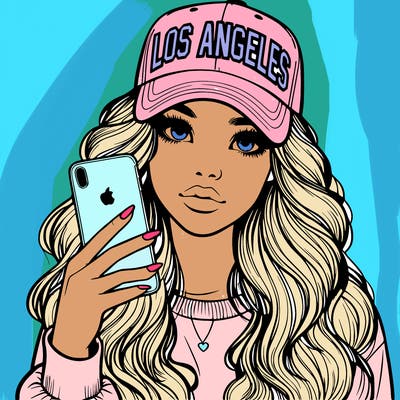 realistic beautiful girl wearing los ángeles cap holding an iphone