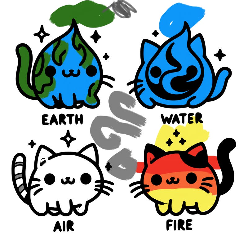 4 cats that represent the different elements, earth, water, air, and fire