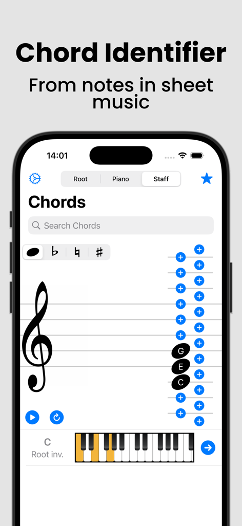 Piano Chords and Scales - A smartphone interface showing a chord identifier tool with notes on a musical staff and corresponding piano keys highlighted.