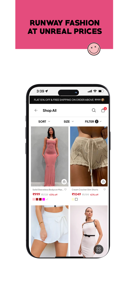newme - Unleash your style - Interface mobile de l'application de shopping newme présentant des vêtements tendance et de la mode de défilé à bas prix