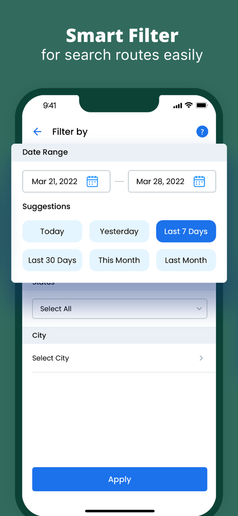 Delivery Driver App by Upper - Smart filter screen in the Delivery Driver App showing date range and location search options for routes