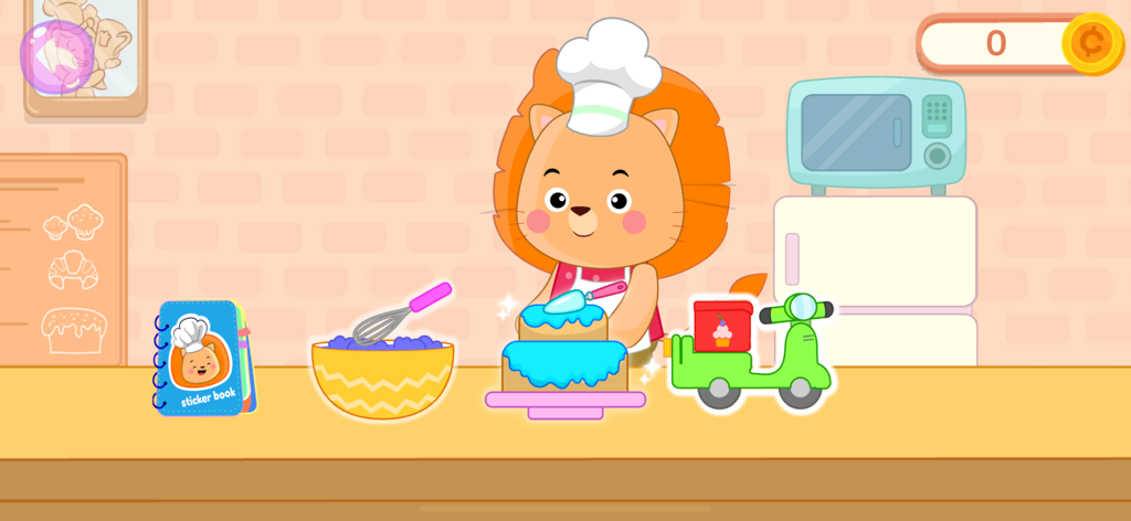 Cake Maker Kids Cooking Games - Un adorable chef león en una cocina de dibujos animados con un pastel azul decorado y un scooter de reparto