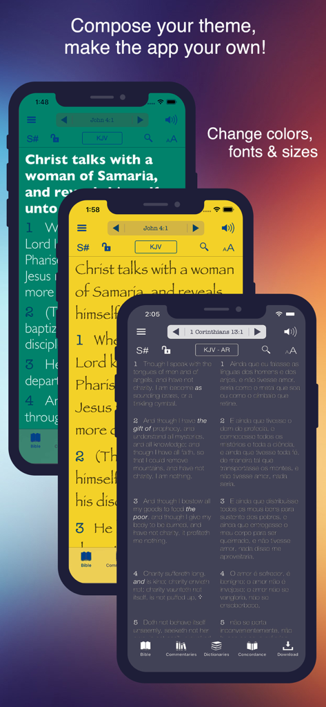 Bible KJV Strong's Concordance - Three mobile screens showing customizable background colors, font styles, and text sizes for the Bible KJV app.