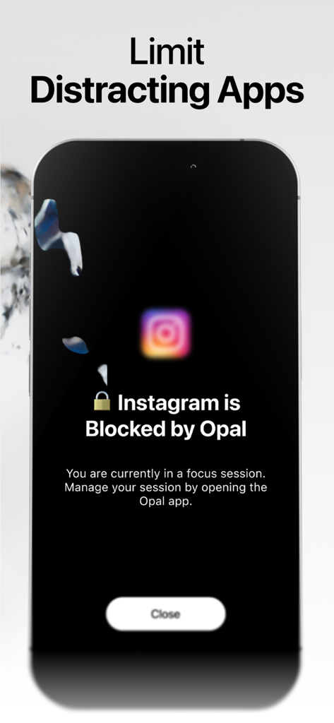 Opal app interface showing Instagram blocked during a focus session to limit distractions