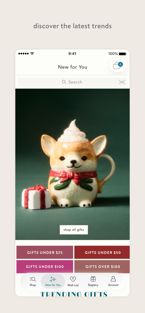 Anthropologie - Anthropologieアプリのインターフェース。価格フィルターとコーギー型マグカップを備えたキュレーションされたギフトガイドが表示されています。