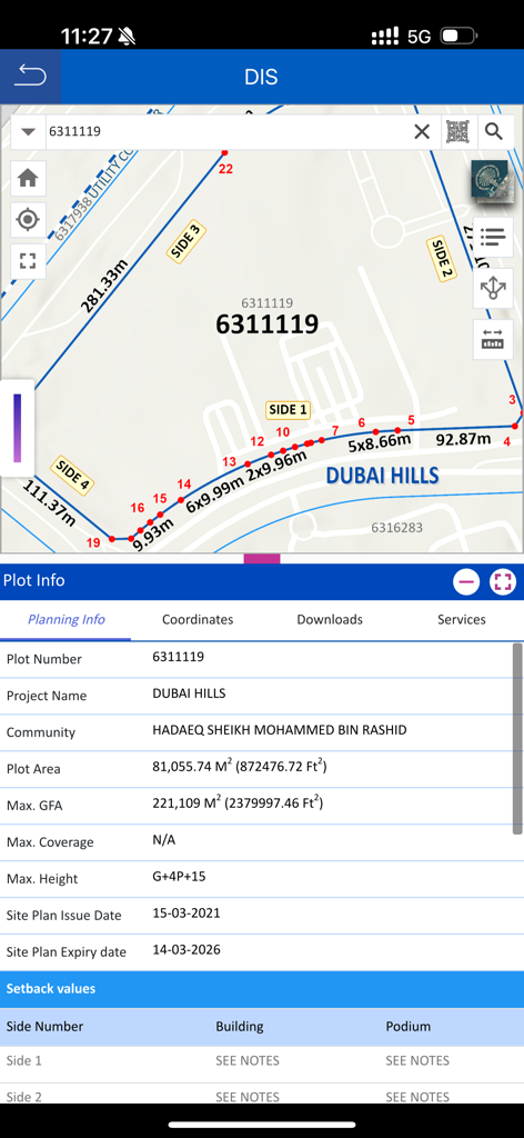DDA GIS Portal - DDA GIS Portal app showing detailed plot information and map for Dubai Hills