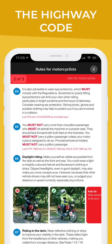 Motorcycle Theory Test UK - Screenshot of the Motorcycle Theory Test UK app displaying the digital Highway Code rules for motorcyclists with illustrative photos.